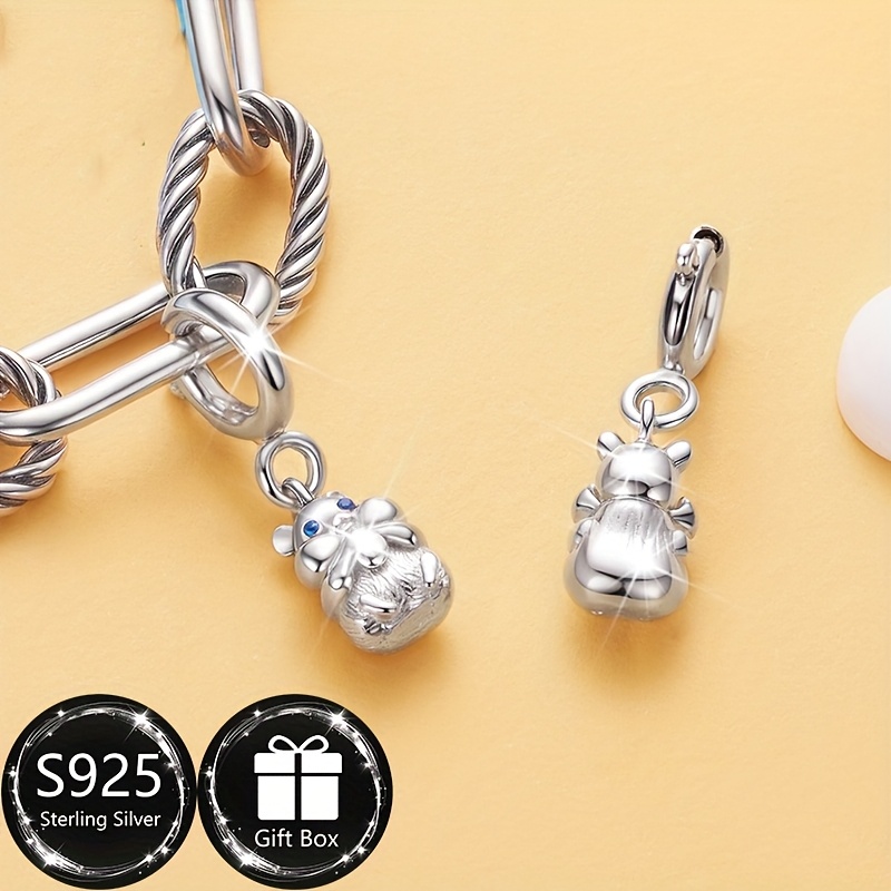 Sterling Silver Hamster Pendant with Zirconia Inlay Bead for DIY Bracelets